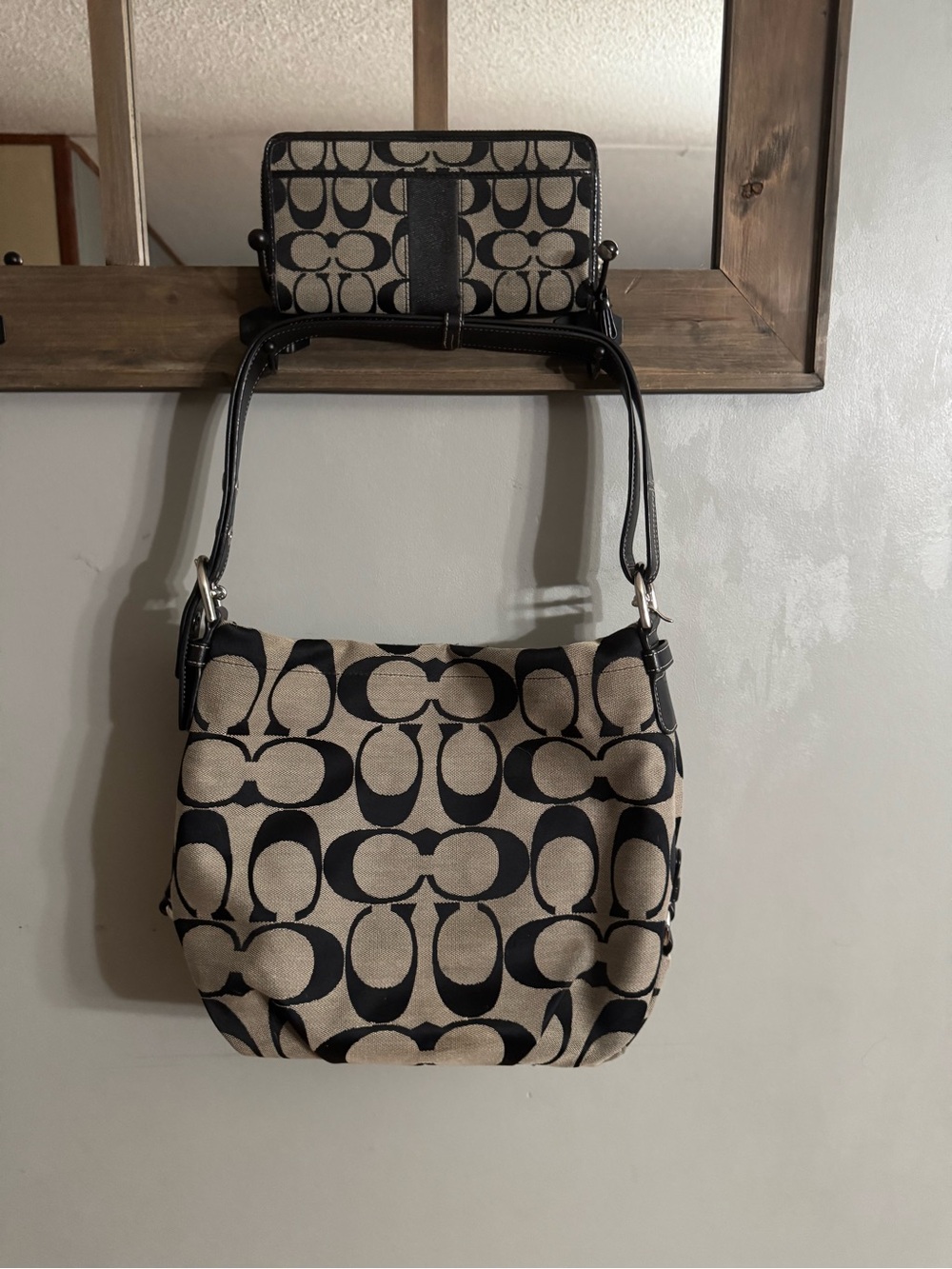 Coach Black & Tan Signature Canvas Shoulder Bag with Matching Wallet